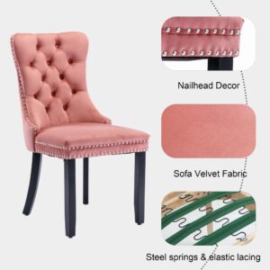 Rhomtree Contemporary Button Tufted Dining Chairs High-end Velvet Upholstered Dining Chairs with Nailhead Back and Ring Pull Trim Wood Kitchen Chairs for Dining Room (Pink 01, Set of 4)