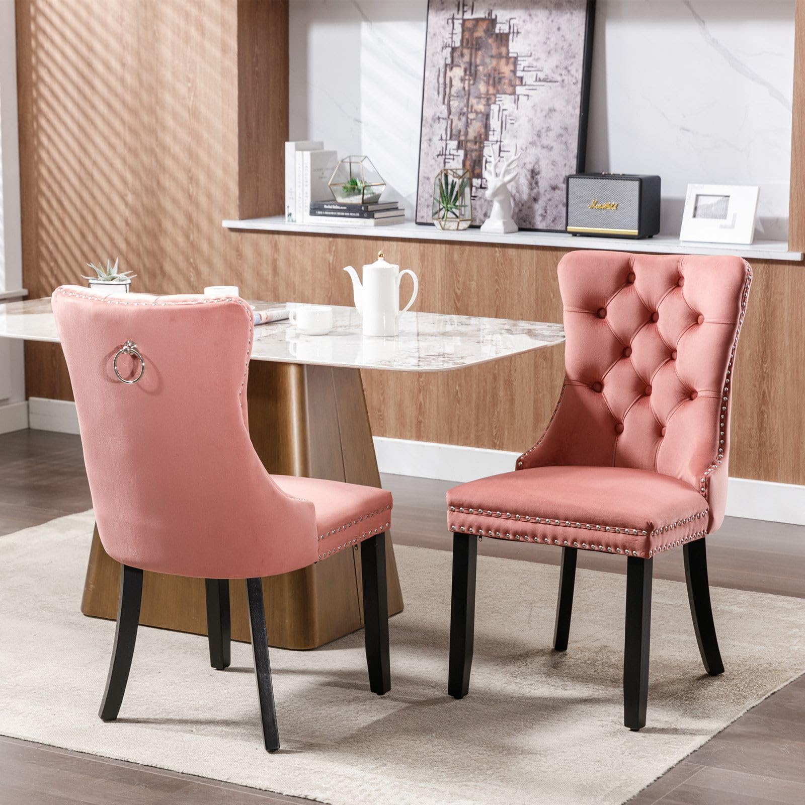 Rhomtree Contemporary Button Tufted Dining Chairs High-end Velvet Upholstered Dining Chairs with Nailhead Back and Ring Pull Trim Wood Kitchen Chairs for Dining Room (Pink 01, Set of 4)