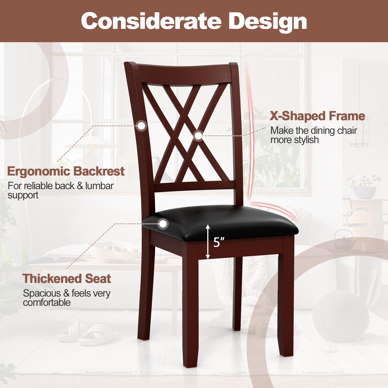 Giantex Wood Dining Chairs Set of 2, Faux Leather Upholstered Kitchen Chairs with Rubber Wood Legs, Padded Seat, Max Load 355 Lbs, Farmhouse Armless Wooden Dining Room Chair