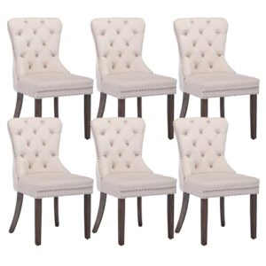 KCC Velvet Dining Chairs Set of 6, Upholstered High-end Tufted Dining Room Chair with Nailhead Back Ring Pull Trim Solid Wood Legs, Nikki Collection Modern Style for Kitchen, Beige