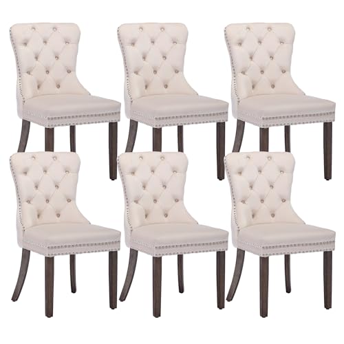 KCC Velvet Dining Chairs Set of 6, Upholstered High-end Tufted Dining Room Chair with Nailhead Back Ring Pull Trim Solid Wood Legs, Nikki Collection Modern Style for Kitchen, Beige