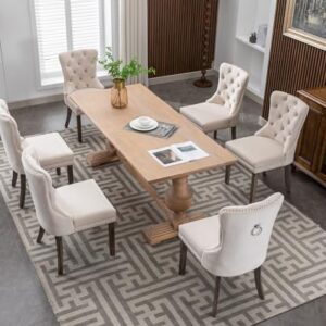 KCC Velvet Dining Chairs Set of 6, Upholstered High-end Tufted Dining Room Chair with Nailhead Back Ring Pull Trim Solid Wood Legs, Nikki Collection Modern Style for Kitchen, Beige