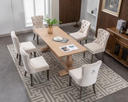 KCC Velvet Dining Chairs Set of 6, Upholstered High-end Tufted Dining Room Chair with Nailhead Back Ring Pull Trim Solid Wood Legs, Nikki Collection Modern Style for Kitchen, Beige