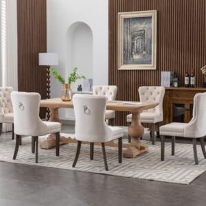 KCC Velvet Dining Chairs Set of 6, Upholstered High-end Tufted Dining Room Chair with Nailhead Back Ring Pull Trim Solid Wood Legs, Nikki Collection Modern Style for Kitchen, Beige