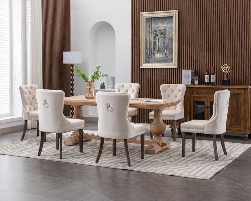 KCC Velvet Dining Chairs Set of 6, Upholstered High-end Tufted Dining Room Chair with Nailhead Back Ring Pull Trim Solid Wood Legs, Nikki Collection Modern Style for Kitchen, Beige