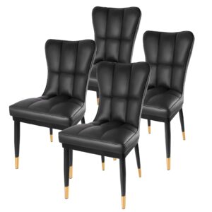 bekrvio set of 4 leather dining room chairs, light luxury modern kitchen chairs with waffle stitch high back, upholstered side chair solid metal legs for kitchen living room, dinning room (black)