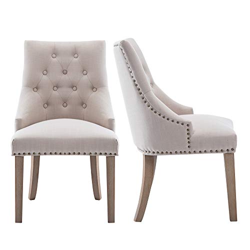 NOBPEINT Dining Chair Beige Fabric Leisure Padded Ring Chair, Nailed Trim, Set of 2