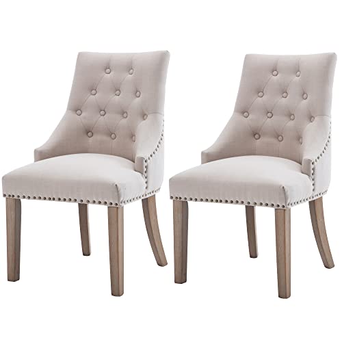 NOBPEINT Dining Chair Beige Fabric Leisure Padded Ring Chair, Nailed Trim, Set of 2