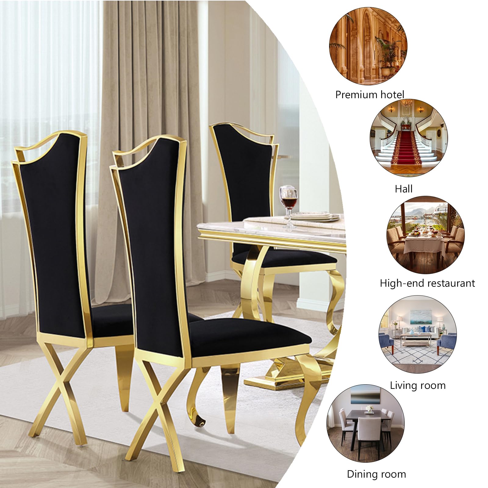 ACEDÉCOR Dining Room Chairs, Black Velvet Upholstered Dining Chairs, Modern Dining Chairs with Gold Legs, Streamlined Back and Mirror X-Shaped Metal Legs, Black high-Back Dining Chairs Set of 20