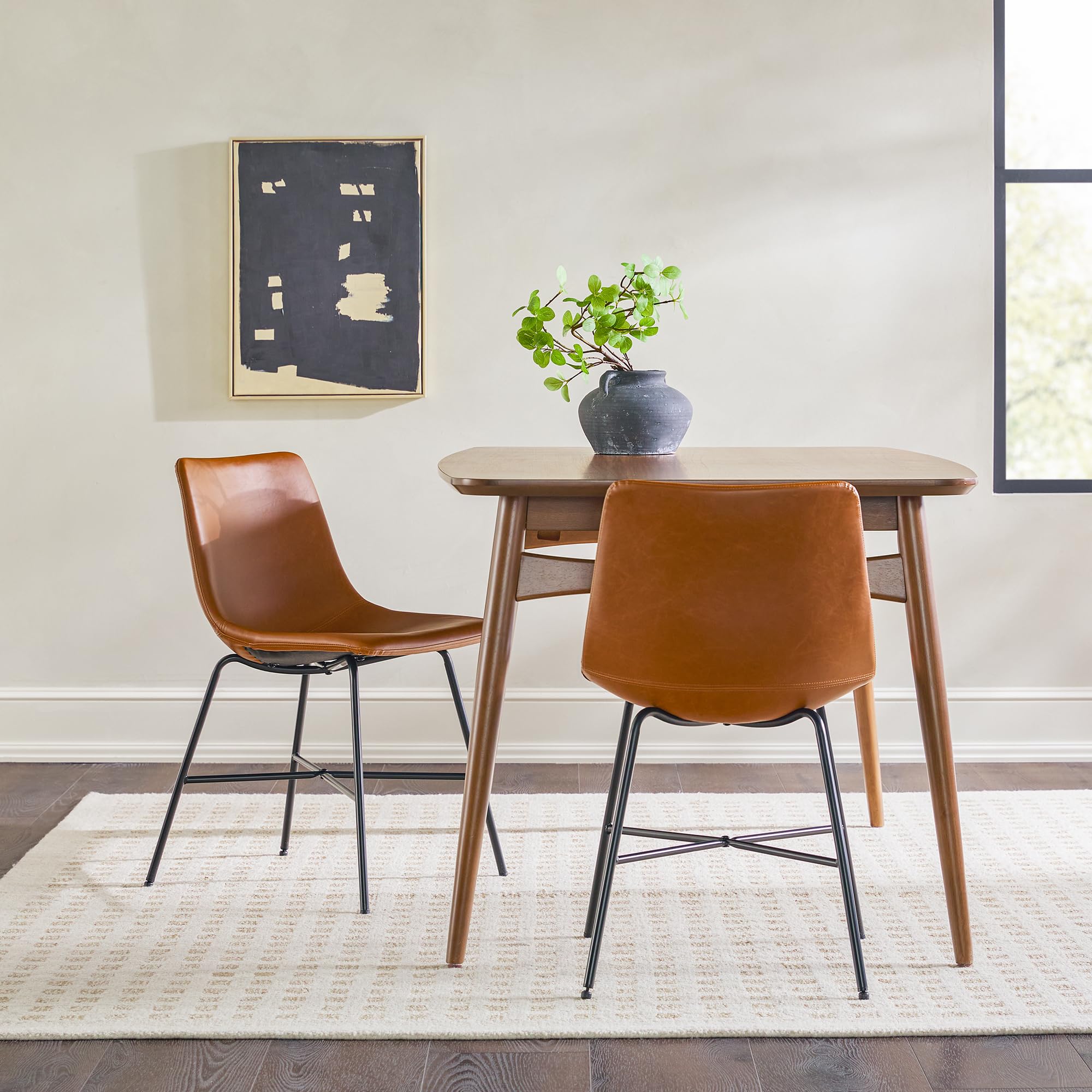 Walker Edison Mid-Century Modern Upholstered Dining Chair with Metal X Base, Set of 2, Whiskey Brown