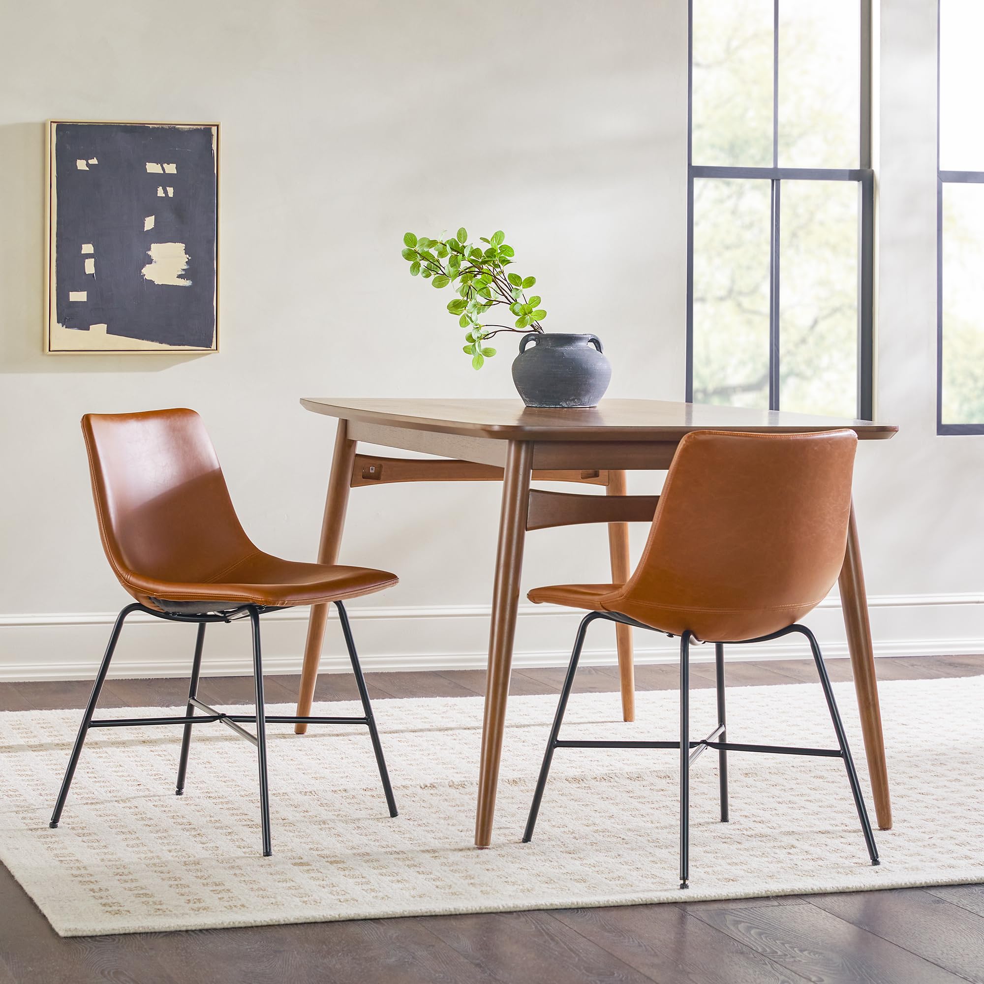 Walker Edison Mid-Century Modern Upholstered Dining Chair with Metal X Base, Set of 2, Whiskey Brown