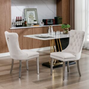 TUNGTAR Parson's Chairs Tufted Solid Wood Velvet Upholstered Dining Chair with Chrome Stainless Steel Plating Legs,Nailhead Trim (Set of 2) (Beige and Chrome, SW1701BG)