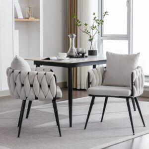 INMOZATA Dining Chairs Set of 2, Modern Woven Dining Room Chairs, Upholstered Kitchen Chairs, Velvet Dining Chair with Black Metal Legs,Ivory