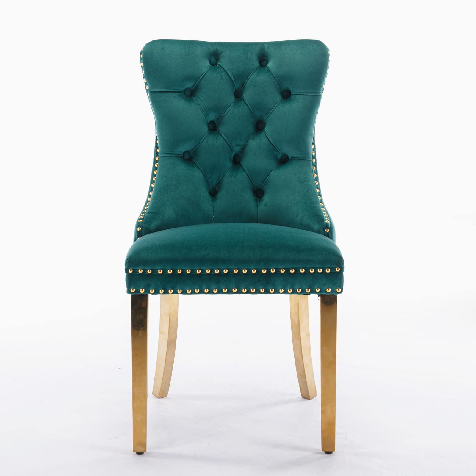 i-POOK Velvet Upholstered Dining Chairs Set of 2, High-end Tufted Wingback Dining Room Chairs with Ring Pull, Nailhead Trim and Gold Metal Legs, Luxury Dining Chairs for Living Room Kitchen, Green