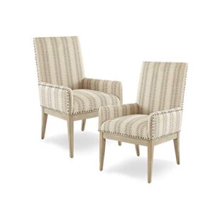 wealthome farmhouse high-back arm dining chairs with bronze nailhead trim, set of 2, natural linen-blend upholstery, wheat wood finish