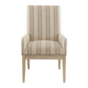 WEALTHOME Farmhouse High-Back Arm Dining Chairs with Bronze Nailhead Trim, Set of 2, Natural Linen-Blend Upholstery, Wheat Wood Finish