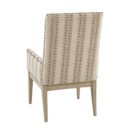 WEALTHOME Farmhouse High-Back Arm Dining Chairs with Bronze Nailhead Trim, Set of 2, Natural Linen-Blend Upholstery, Wheat Wood Finish