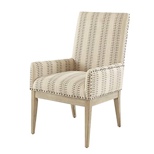 WEALTHOME Farmhouse High-Back Arm Dining Chairs with Bronze Nailhead Trim, Set of 2, Natural Linen-Blend Upholstery, Wheat Wood Finish