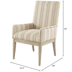 WEALTHOME Farmhouse High-Back Arm Dining Chairs with Bronze Nailhead Trim, Set of 2, Natural Linen-Blend Upholstery, Wheat Wood Finish