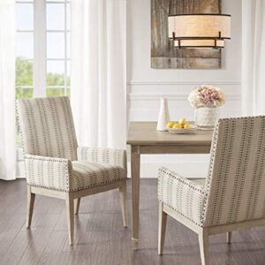 WEALTHOME Farmhouse High-Back Arm Dining Chairs with Bronze Nailhead Trim, Set of 2, Natural Linen-Blend Upholstery, Wheat Wood Finish