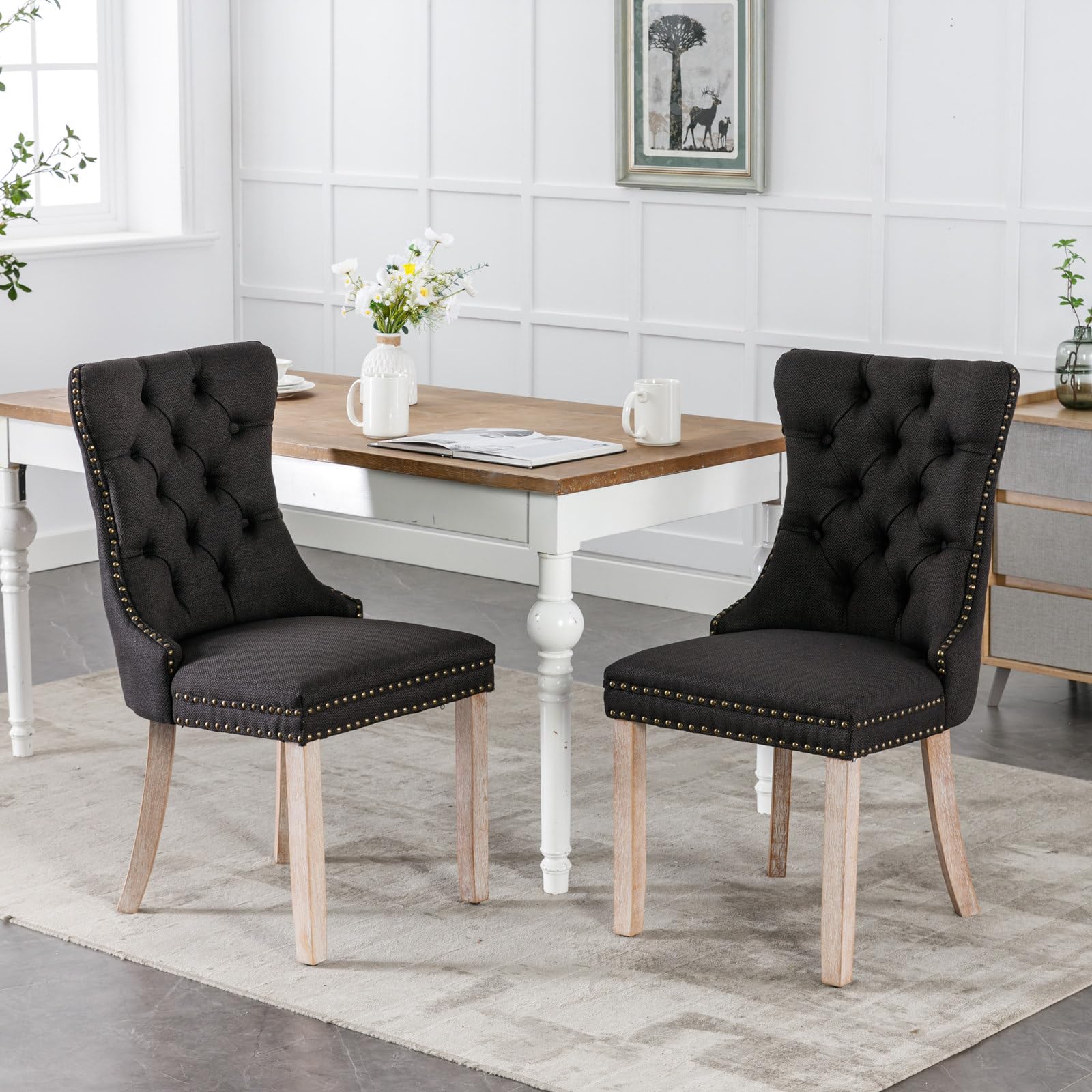 i-POOK Dining Chairs Set of 2, Linen Upholstered Wingback Dining Room Chairs with Ring Pull, Nailhead Trim and Tufted Button Back, Luxury Dining Chairs for Living Room Kitchen, Black