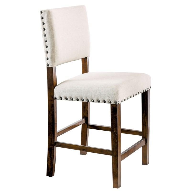 Classic Set of 2pc Counter Height Dining Chairs Ivory Fabric Padded Linen Chairs Upholstered Cushion High Chairs Nailhead Trim Kitchen Dining Room Solid Wood Brown Cherry