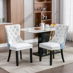 i-pook pu leather dining chairs set of 2, upholstered dining room chairs with ring pull, nailhead trim and tufted button wingback, luxury dining chairs for living room kitchen, white+light blue