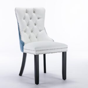 i-POOK PU Leather Dining Chairs Set of 2, Upholstered Dining Room Chairs with Ring Pull, Nailhead Trim and Tufted Button Wingback, Luxury Dining Chairs for Living Room Kitchen, White+Light Blue