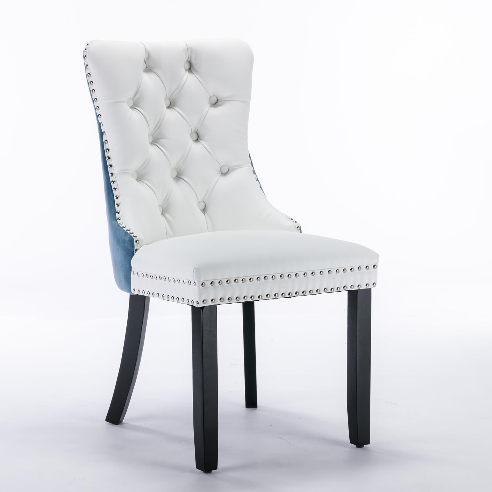 i-POOK PU Leather Dining Chairs Set of 2, Upholstered Dining Room Chairs with Ring Pull, Nailhead Trim and Tufted Button Wingback, Luxury Dining Chairs for Living Room Kitchen, White+Light Blue