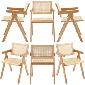 westice rattan dining chairs set of 6, wooden kitchen chairs with faux cane seat & backrest, solid wood legs, comfy farmhouse retro side chair for indoor dining room, natural