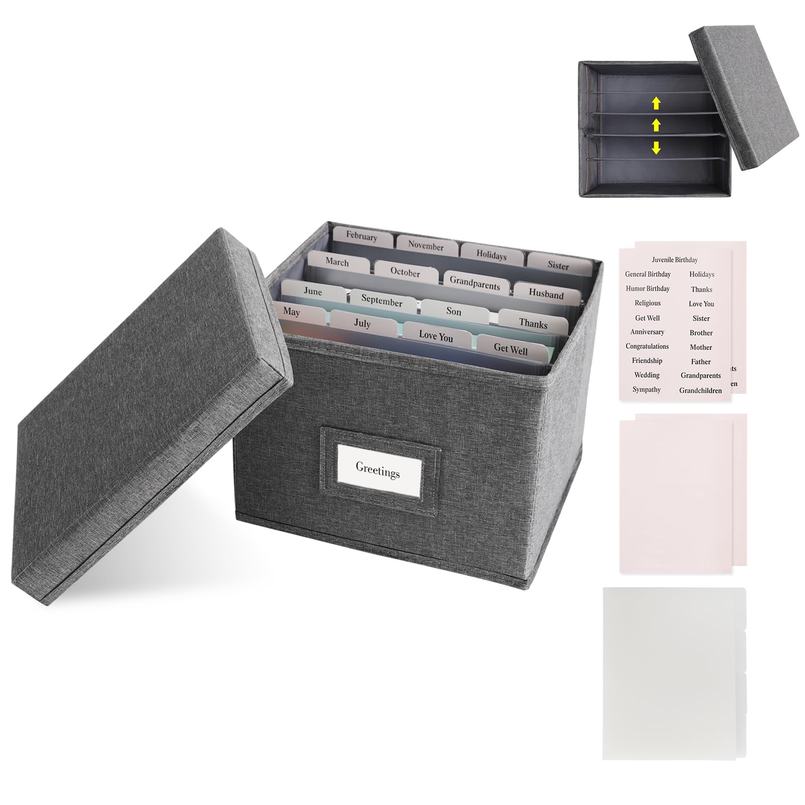 Wanapure Removable Dividers Greeting Card Organizer, Collapsible Greeting Card Storage Box, Card Organizer Box With Dividers, Greeting Card Holder With Lids