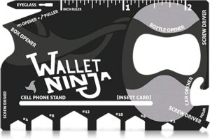 wallet ninja multitool card – 18 in 1 credit card size multi-tool for quick repairs, edc survival gear, bottle opener, camping – cool gadget and stocking stuffer (black)