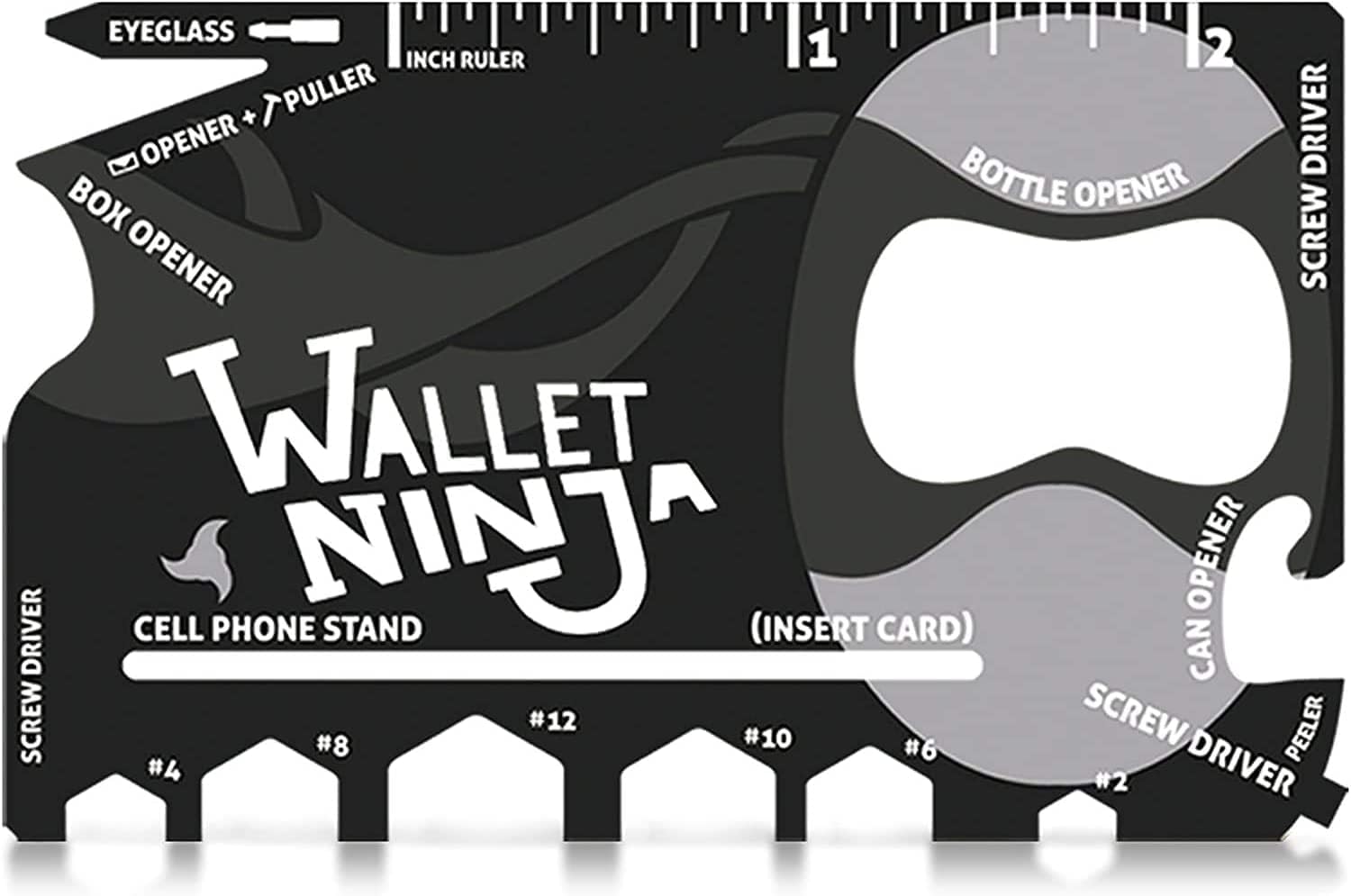 Wallet Ninja Multitool Card – 18 in 1 Credit Card Size Multi-Tool for Quick Repairs, EDC Survival Gear, Bottle Opener, Camping – Cool Gadget and Stocking Stuffer (Black)