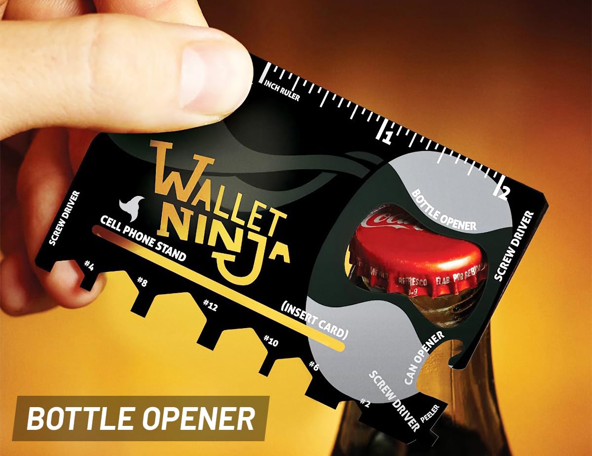 Wallet Ninja Multitool Card – 18 in 1 Credit Card Size Multi-Tool for Quick Repairs, EDC Survival Gear, Bottle Opener, Camping – Cool Gadget and Stocking Stuffer (Black)