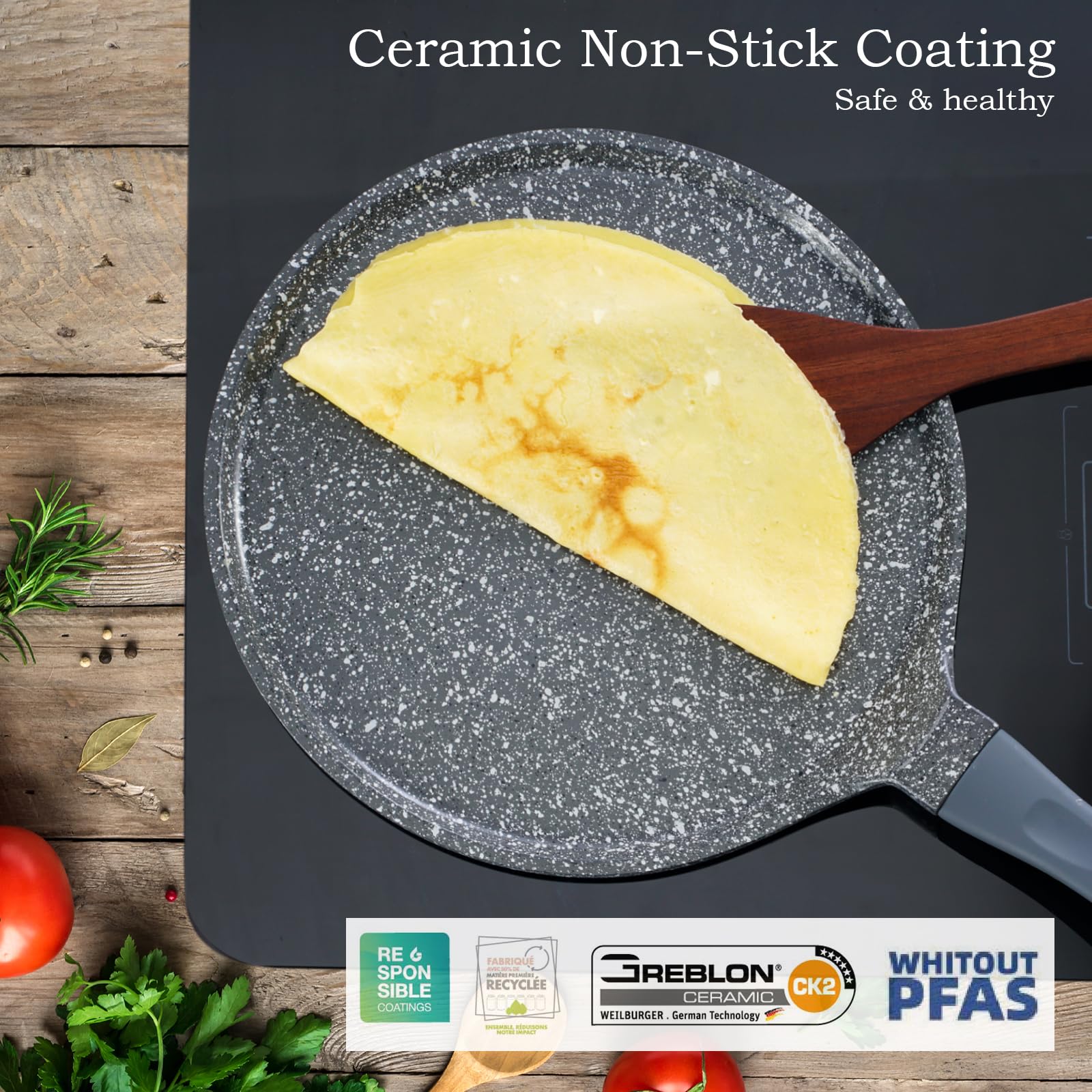 ACTIV CUISINE Crepes Pan, Non-Stick Pancake Skillet with Ceramic Coating for Easy Flipping and Delicious Results, PFOA-Free, Ashley Grey 11in/28cm