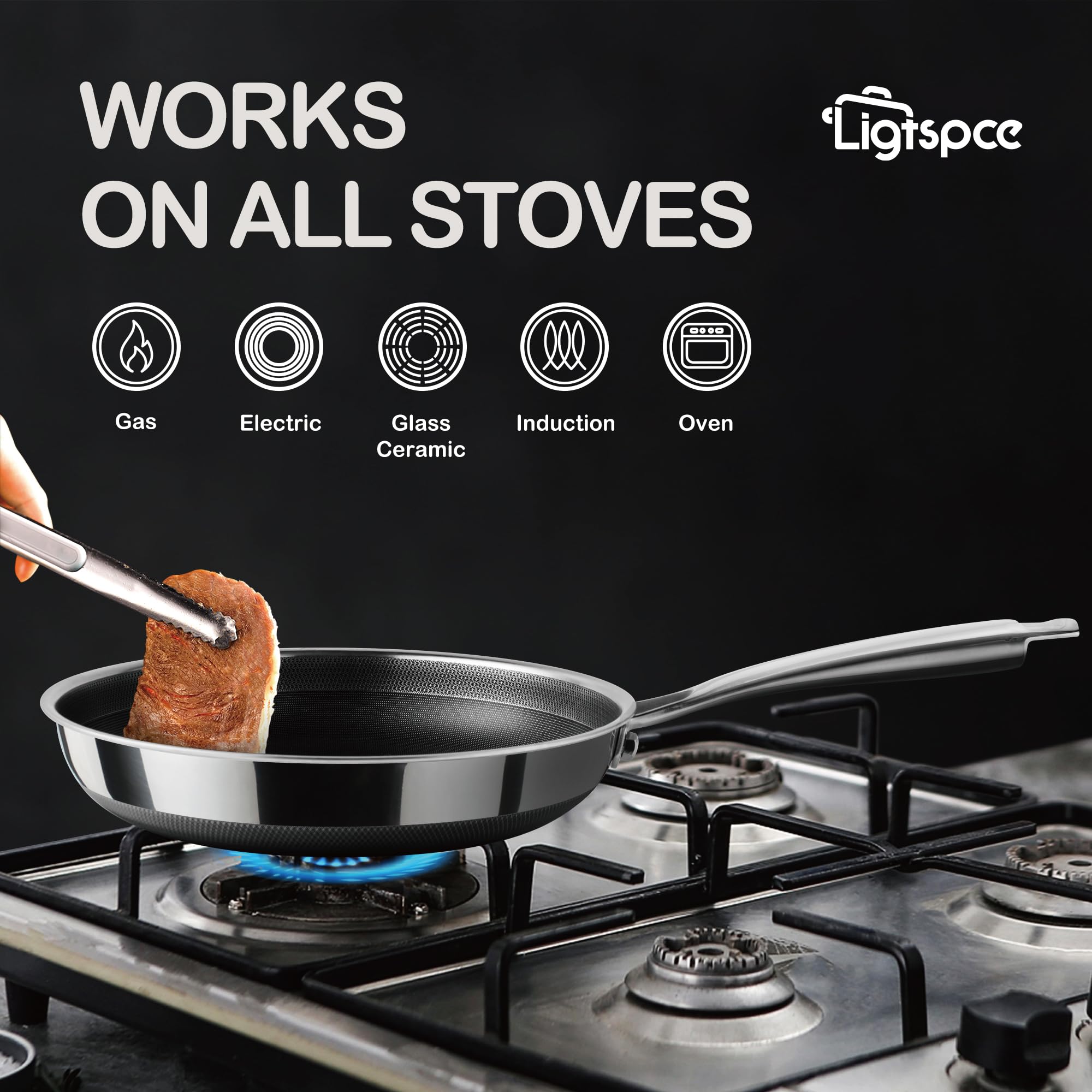 LIGTSPCE Non Stick Frying Pans,Hybrid 10 inch Frying Pans Nonstick,PFOA Free Cookware,non stick Stainless Steel Skillets,Dishwasher and Oven Safe, Works on Induction,Ceramic and Gas Cooktops