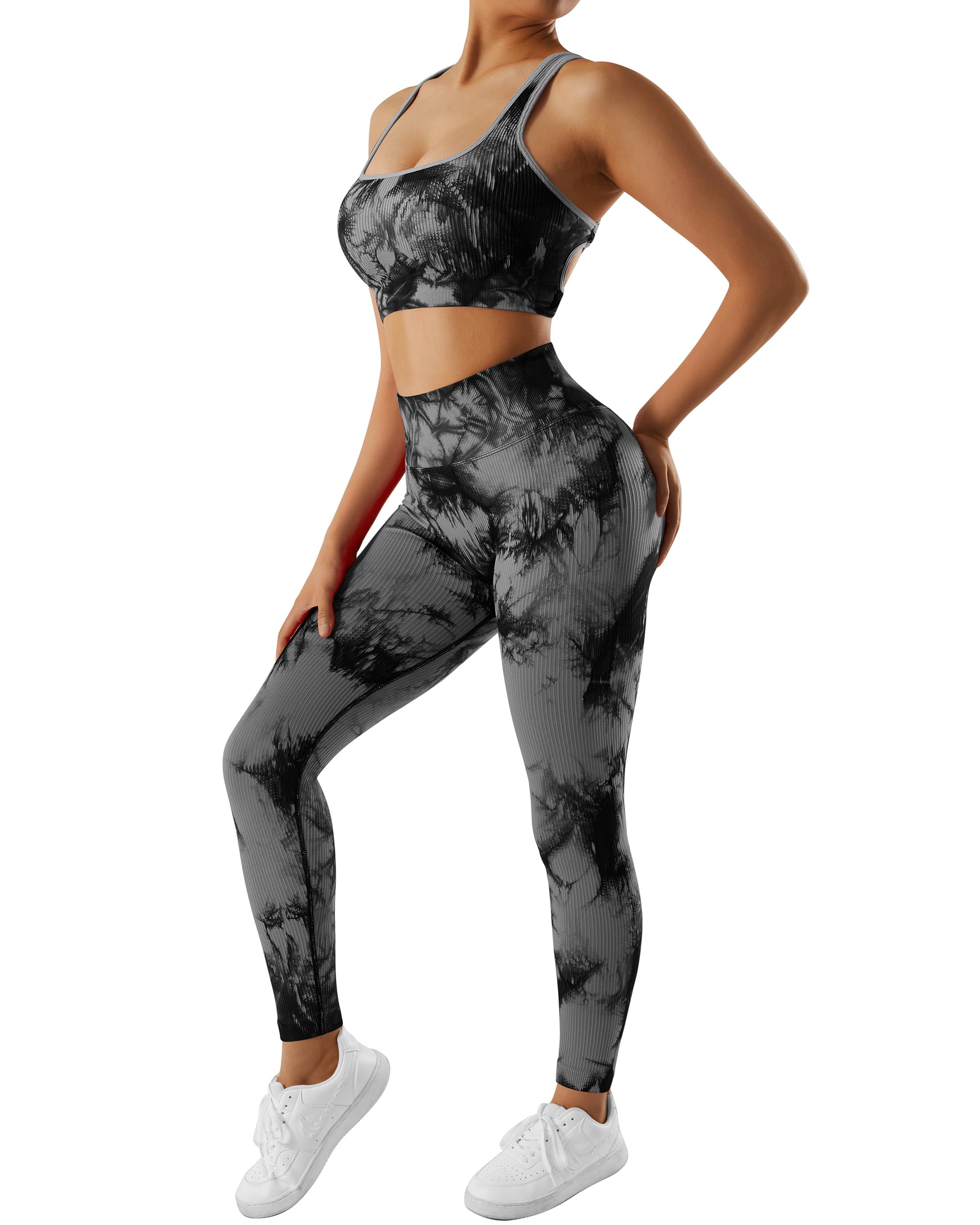 OMKAGI Women Ribbed Workout Sets Seamless Strappy Sport Bra Butt Lifting Leggings Outfits(S,04-Black Tie Dye)