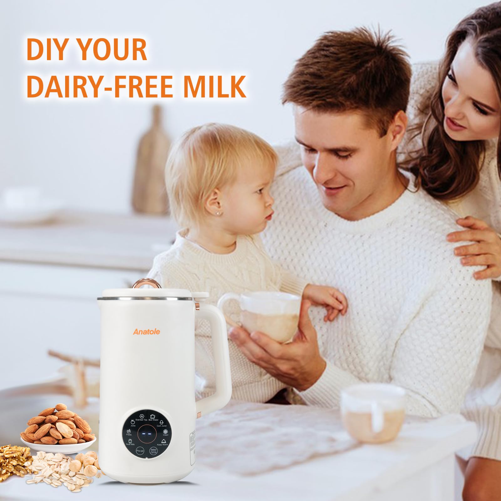 Anatole Nut Milk Maker 35oz 1000ml Almond Milk Machine 8-In-1 Automatic Soy Oat Cow Plant-Based Milk Homemade Dairy-Free Beverages with 10 Stainless Steel Blades 12 Hours Timer