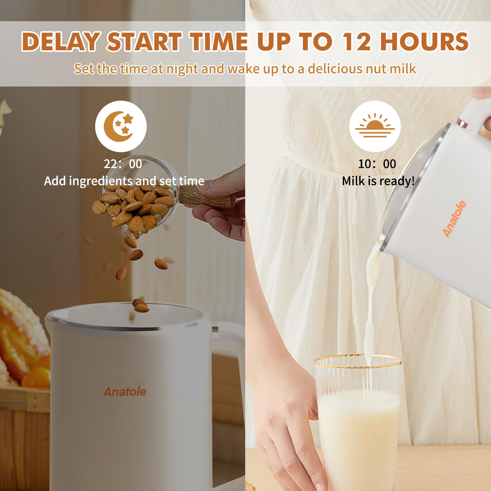 Anatole Nut Milk Maker 35oz 1000ml Almond Milk Machine 8-In-1 Automatic Soy Oat Cow Plant-Based Milk Homemade Dairy-Free Beverages with 10 Stainless Steel Blades 12 Hours Timer