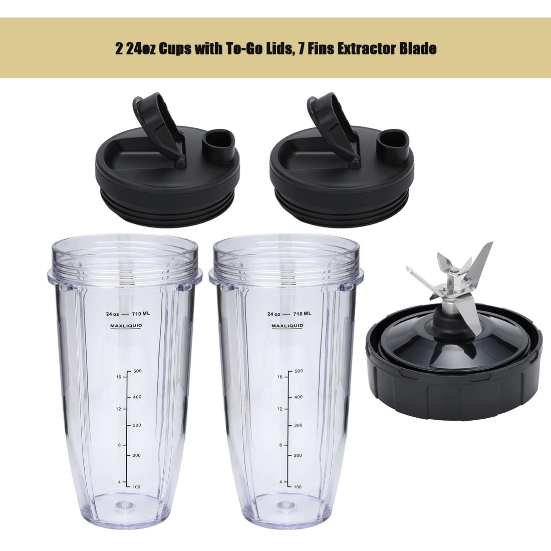 24oz Blender Cups and 7 Fins Blade for Ninja Nutri BN401, BN400, BN801, BN800, Replacement Cups with Sip and Seal Lids. (2Pcs 24oz Cups+1 Pc Blade)- PBA Free.