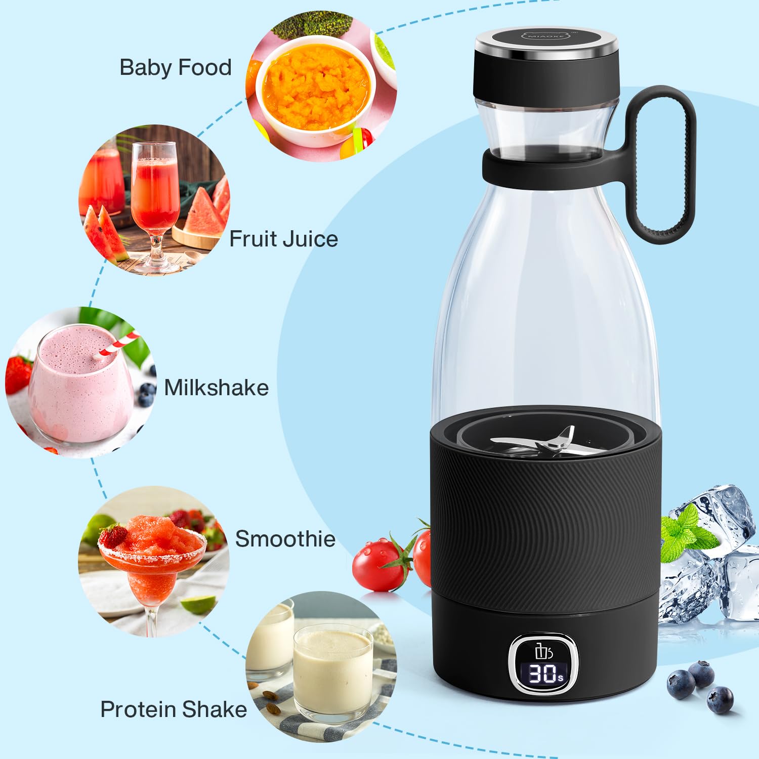 Portable Blender, MIAOKE 6 Blades Juicer Cup for Juice Shakes and Smoothies 350ml Mini Blender with Led Display Usb Rechargeable,3000Mah Rechargeable Battery, for Home Sports Outdoors Travel-Black