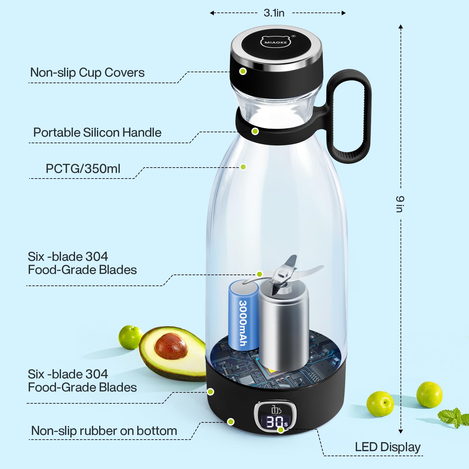 Portable Blender, MIAOKE 6 Blades Juicer Cup for Juice Shakes and Smoothies 350ml Mini Blender with Led Display Usb Rechargeable,3000Mah Rechargeable Battery, for Home Sports Outdoors Travel-Black