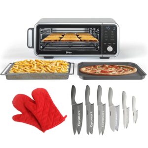 ninja ft205co digital air fry pro countertop 8-in-1 oven extended height (renewed) bundle with pair of red heat resistant oven mitt and advantage 12-piece gray knife set with blade guards