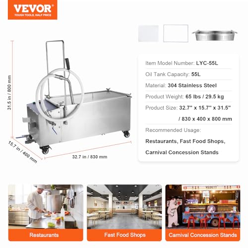 VEVOR Mobile Fryer Filter, 300W Oil Filtration System with 5 L/min Flow Rate, Frying Oil Filtering System with 10 L/min Pump Wheels Oil Hose, 110V/60Hz (58L)