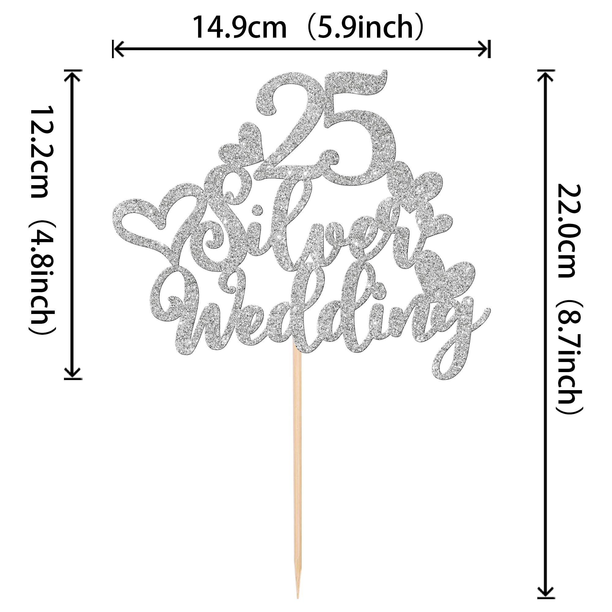 25 PCS 25th Anniversary Cupcake Toppers with 25 Silver Wedding Cake Topper Glitter Heart 25th Wedding Anniversary Cupcake Picks for Happy 25th Wedding Anniversary Party Cake Decorations Supplies