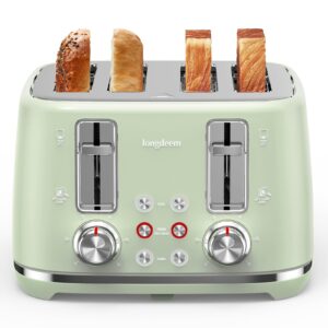 4 Slice Toaster, Extra Wide Slots, Longdeem Retro Stainless Steel Toasters, 6 Browning Options, Lift + Look, Auto Shut Off & Frozen Function, Toast Fruit Bread, Bagel & Waffle, Pastel Green