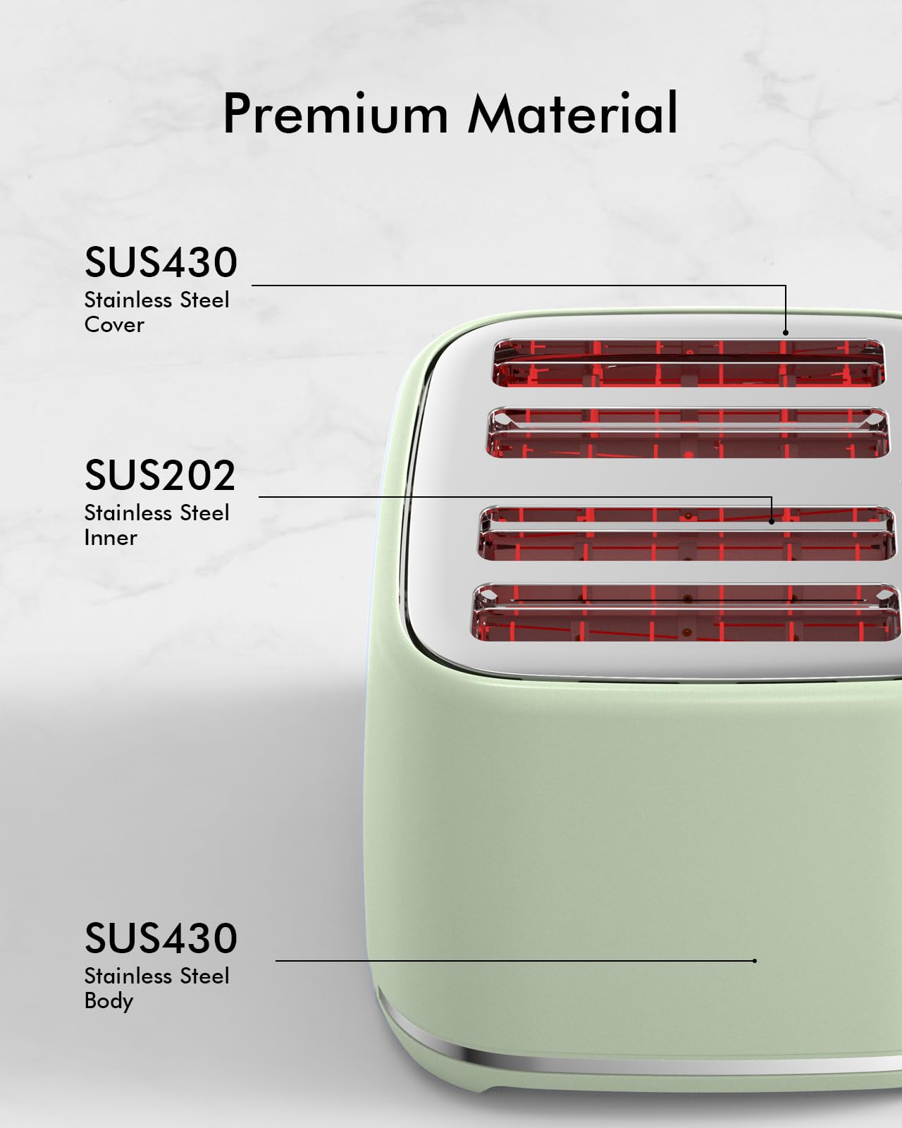 4 Slice Toaster, Extra Wide Slots, Longdeem Retro Stainless Steel Toasters, 6 Browning Options, Lift + Look, Auto Shut Off & Frozen Function, Toast Fruit Bread, Bagel & Waffle, Pastel Green