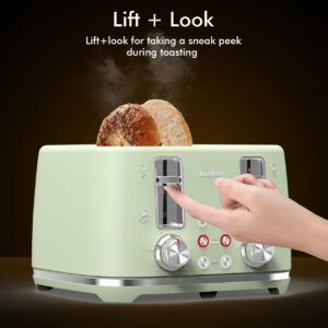 4 Slice Toaster, Extra Wide Slots, Longdeem Retro Stainless Steel Toasters, 6 Browning Options, Lift + Look, Auto Shut Off & Frozen Function, Toast Fruit Bread, Bagel & Waffle, Pastel Green