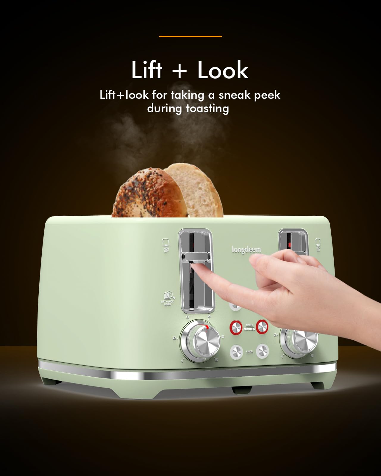 4 Slice Toaster, Extra Wide Slots, Longdeem Retro Stainless Steel Toasters, 6 Browning Options, Lift + Look, Auto Shut Off & Frozen Function, Toast Fruit Bread, Bagel & Waffle, Pastel Green