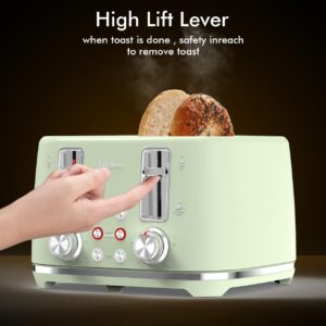 4 Slice Toaster, Extra Wide Slots, Longdeem Retro Stainless Steel Toasters, 6 Browning Options, Lift + Look, Auto Shut Off & Frozen Function, Toast Fruit Bread, Bagel & Waffle, Pastel Green